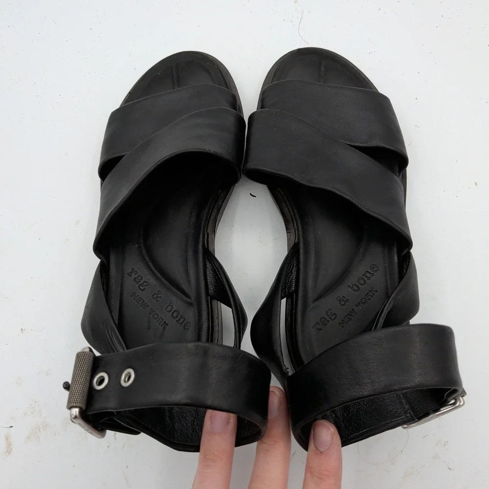 Rag & Bone Slayton $350 Black Leather Ankle Strap Buckle Sandals Womens 36 Italy